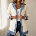 Women's Open Front Ribbed Knit Cardigan Coat with Denim Lapels and Cuffs