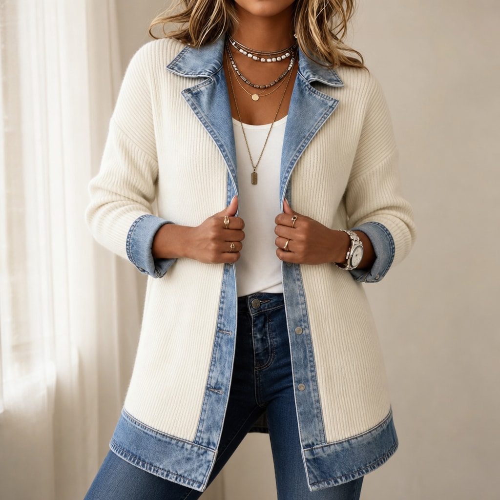 Women's Open Front Ribbed Knit Cardigan Coat with Denim Lapels and Cuffs