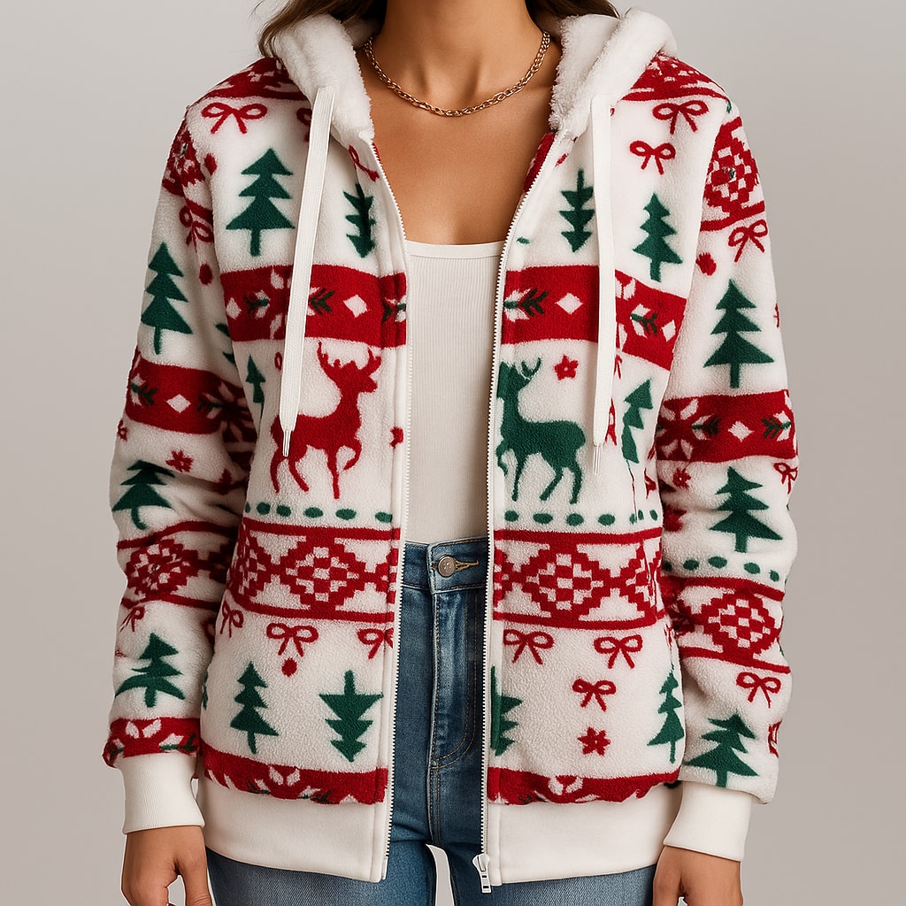 Womens Christmas Zip Up Hoodie with Reindeer and Tree Print