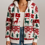 Womens Christmas Zip Up Hoodie with Reindeer and Tree Print