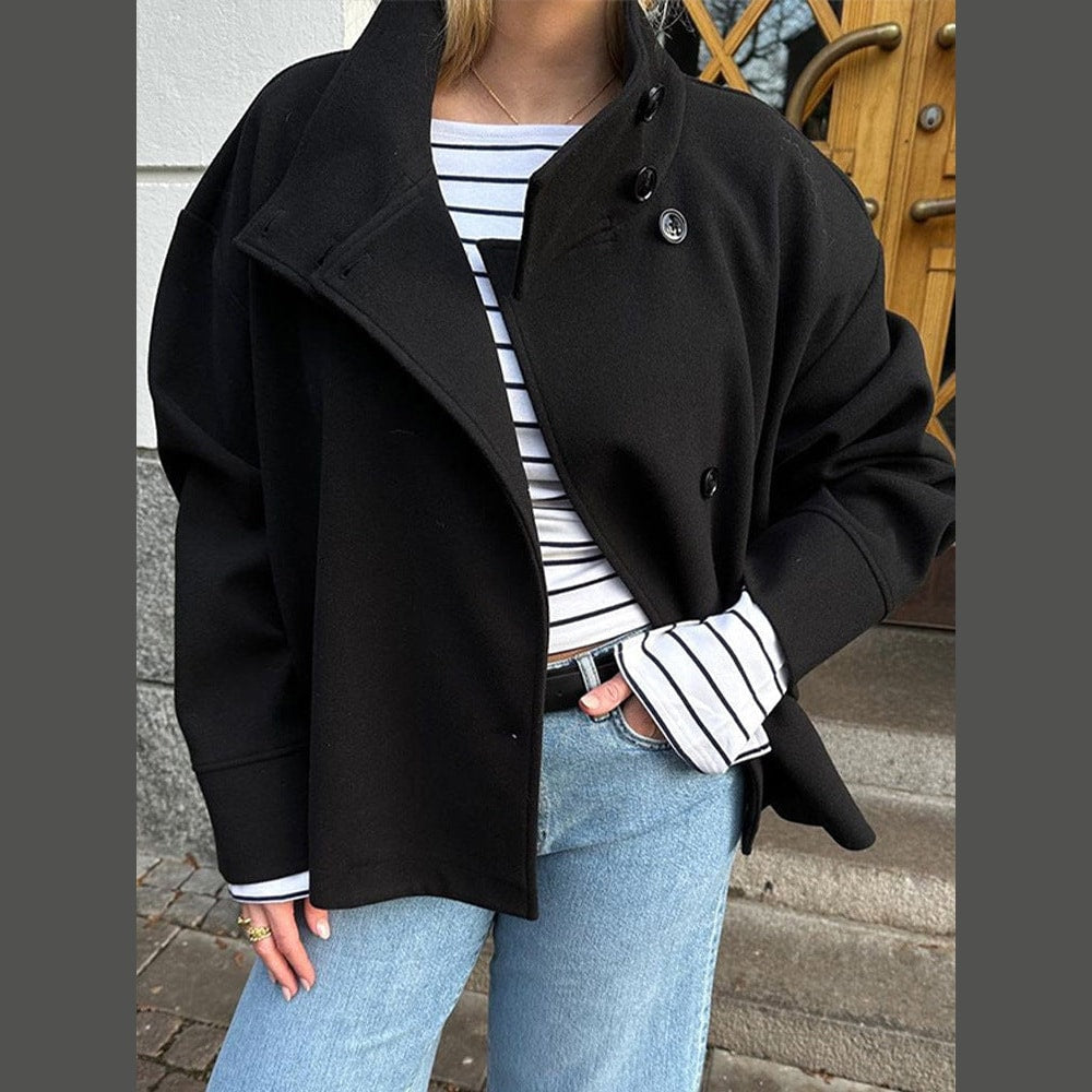 Womens Short Double Breasted Coat with High Stand Collar