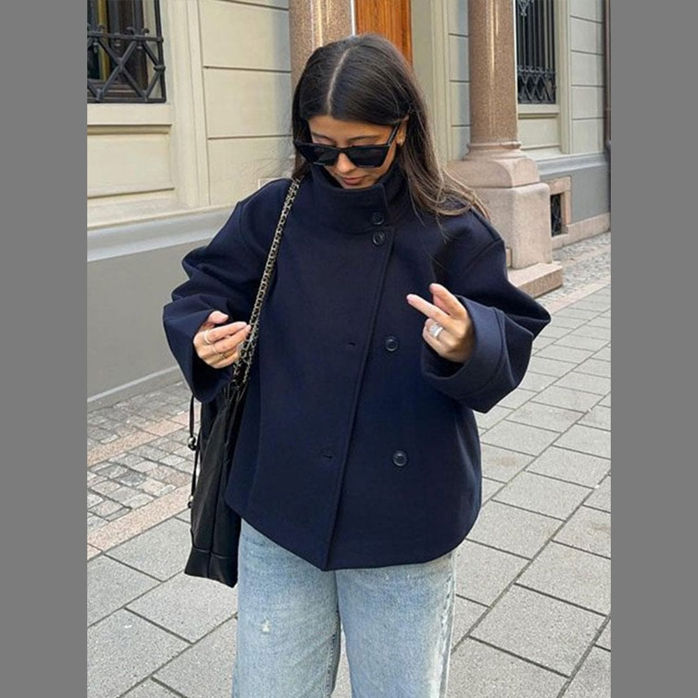 Womens Short Double Breasted Coat with High Stand Collar