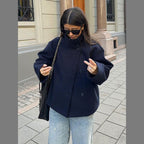 Womens Short Double Breasted Coat with High Stand Collar
