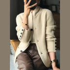 Womens Textured Knit Cardigan with Stand Collar and Button Front