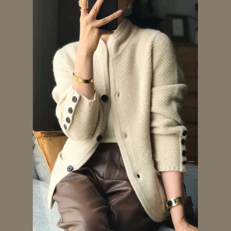 Womens Textured Knit Cardigan with Stand Collar and Button Front