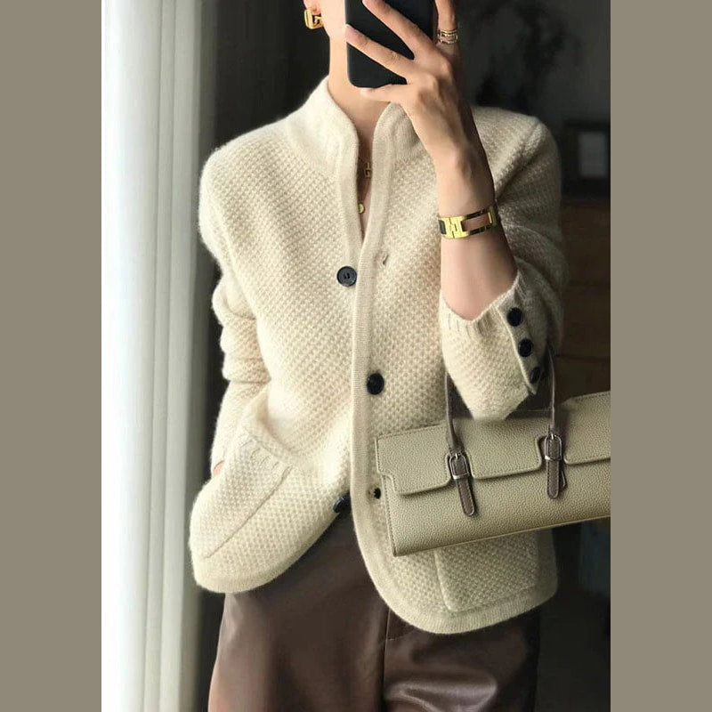 Womens Textured Knit Cardigan with Stand Collar and Button Front
