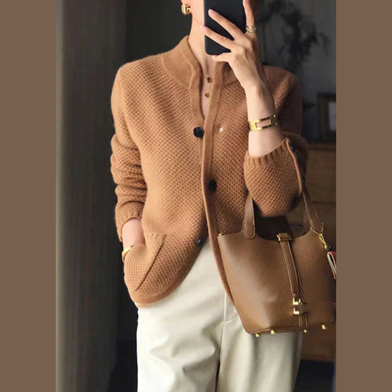 Womens Textured Knit Cardigan with Stand Collar and Button Front