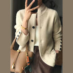 Womens Textured Knit Cardigan with Stand Collar and Button Front