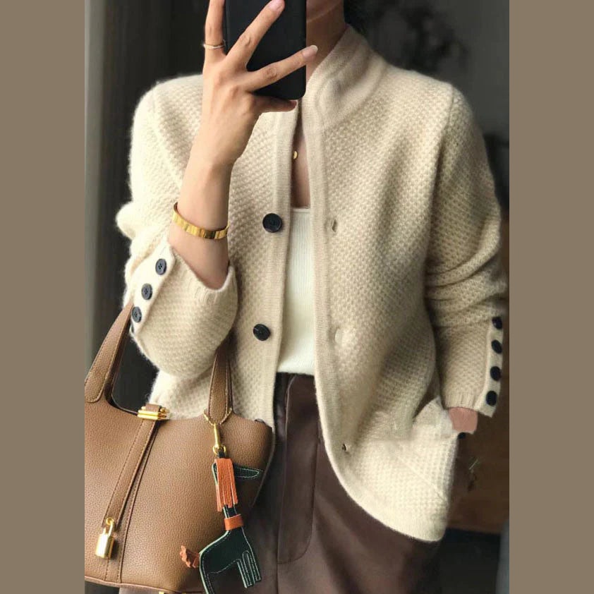 Womens Textured Knit Cardigan with Stand Collar and Button Front