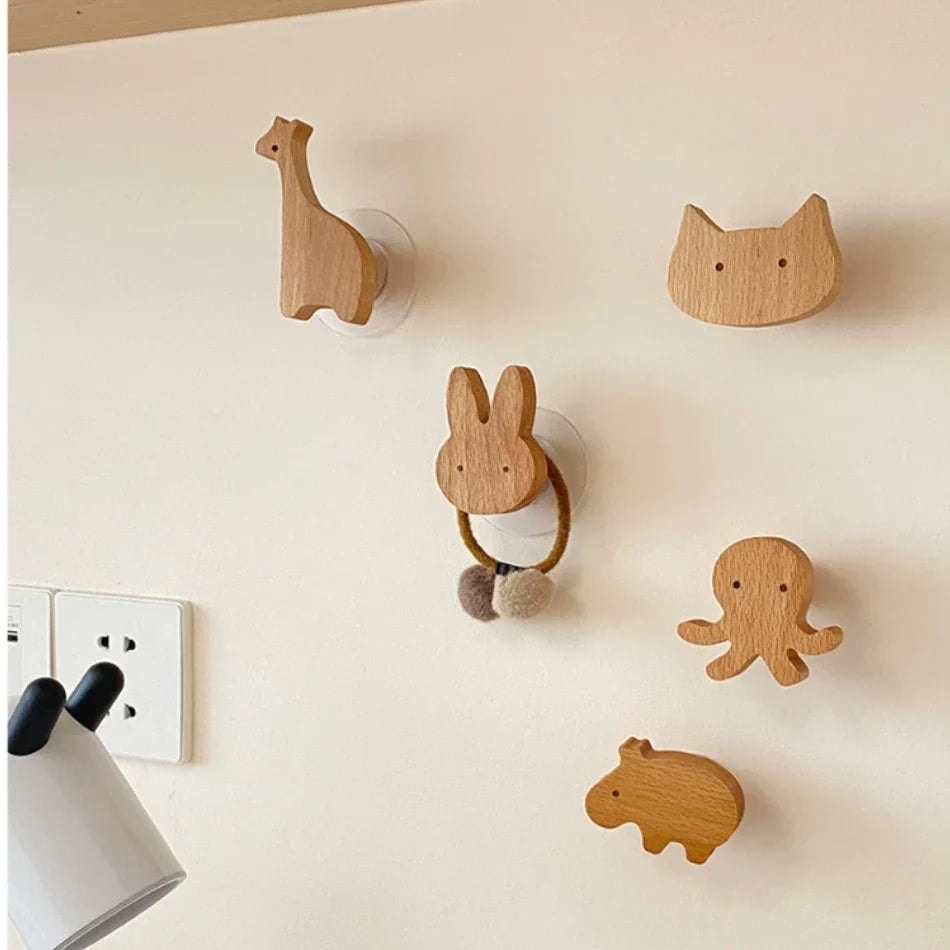 Wooden Animal Wall Hook for Kids Room with Screw or Suction Mount