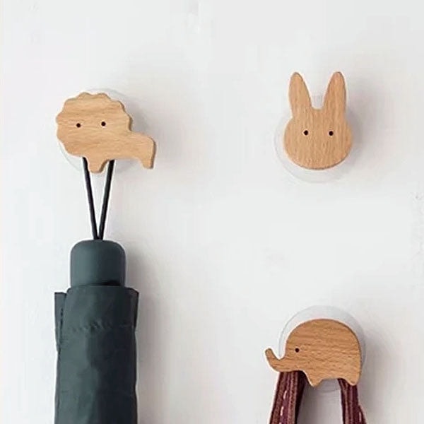 Wooden Animal Wall Hook for Kids Room with Screw or Suction Mount