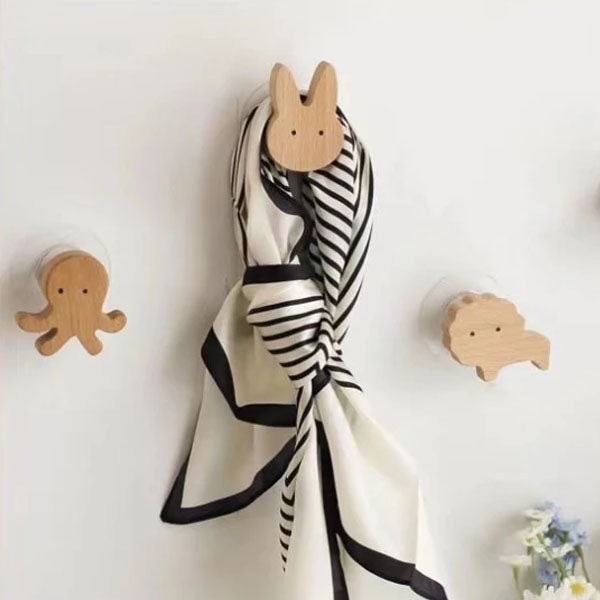 Wooden Animal Wall Hook for Kids Room with Screw or Suction Mount