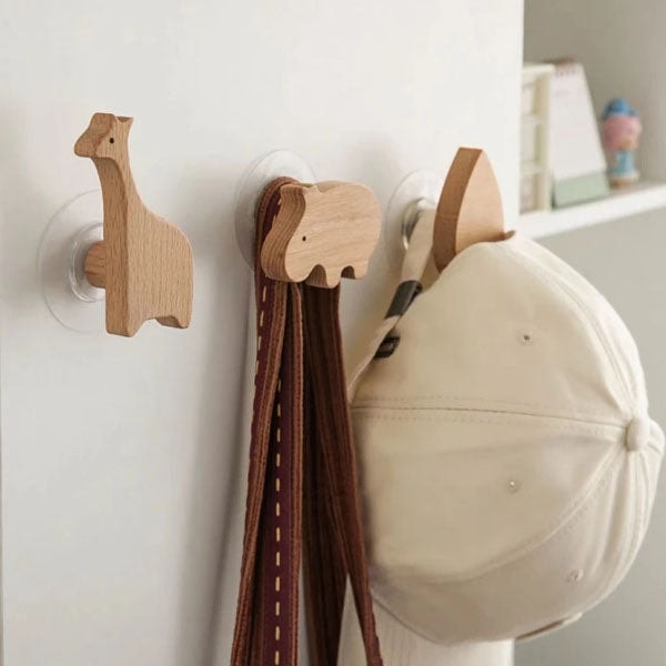 Wooden Animal Wall Hook for Kids Room with Screw or Suction Mount