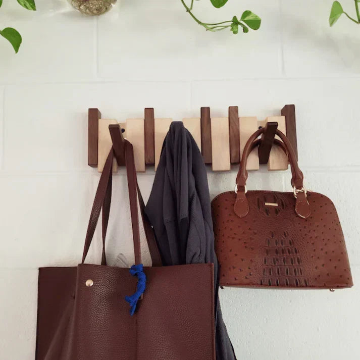 Piano Coat Rack Wall Mounted Wooden Coat Hooks with Fold Down Hooks Entryway Hanger for Coats Hats and Bags Adhesive or Screw Mount