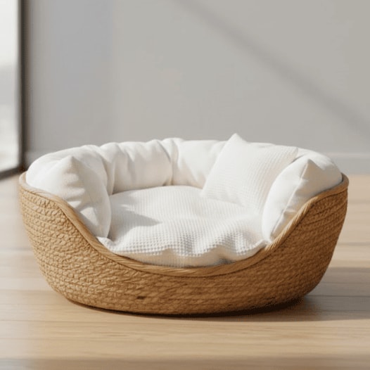 Woven Cat Bed Basket with Soft Removable Cushion and Natural Fiber Frame