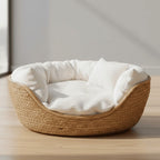 Woven Cat Bed Basket with Soft Removable Cushion and Natural Fiber Frame