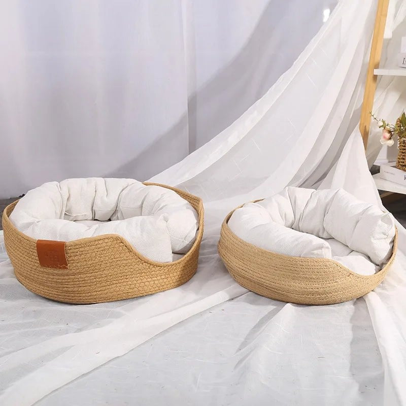 Woven Cat Bed Basket with Soft Removable Cushion and Natural Fiber Frame