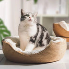 Woven Cat Bed Basket with Soft Removable Cushion and Natural Fiber Frame