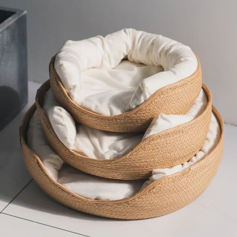 Woven Cat Bed Basket with Soft Removable Cushion and Natural Fiber Frame