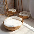 Woven Cat Bed Basket with Soft Removable Cushion and Natural Fiber Frame