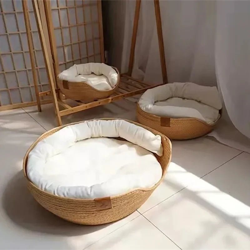 Woven Cat Bed Basket with Soft Removable Cushion and Natural Fiber Frame